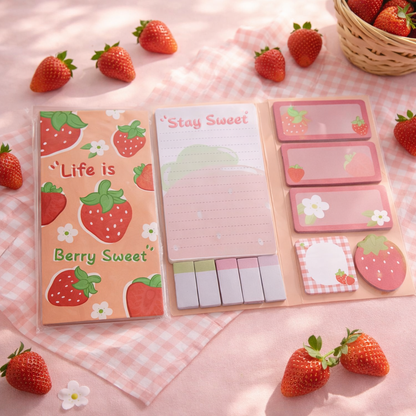 Foldable sticky notepads with a strawberry pattern and pastel colored post-it notes.
