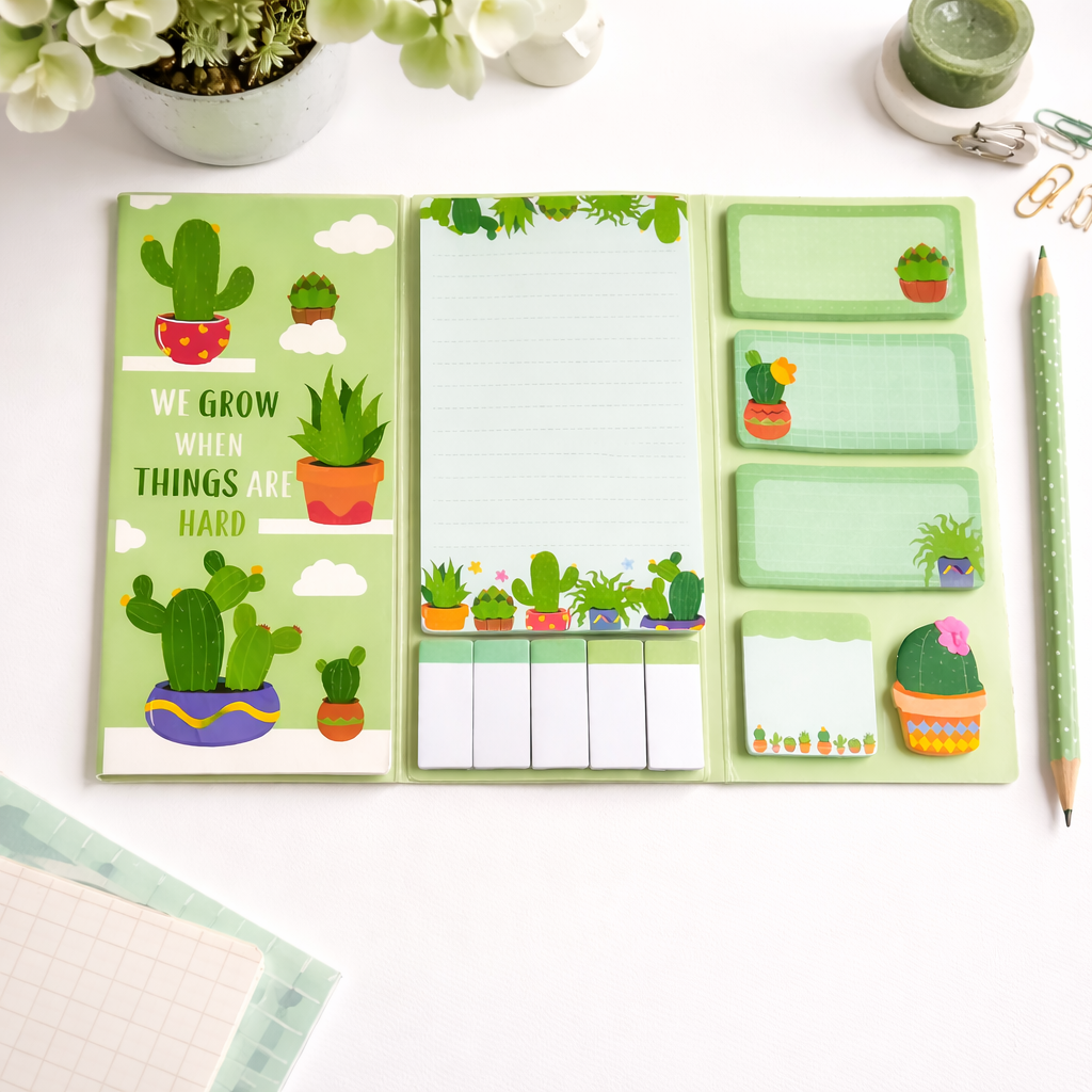 Open foldable sticky notepads in light green, featuring cactus illustrations, a motivational quote, and various note sizes.