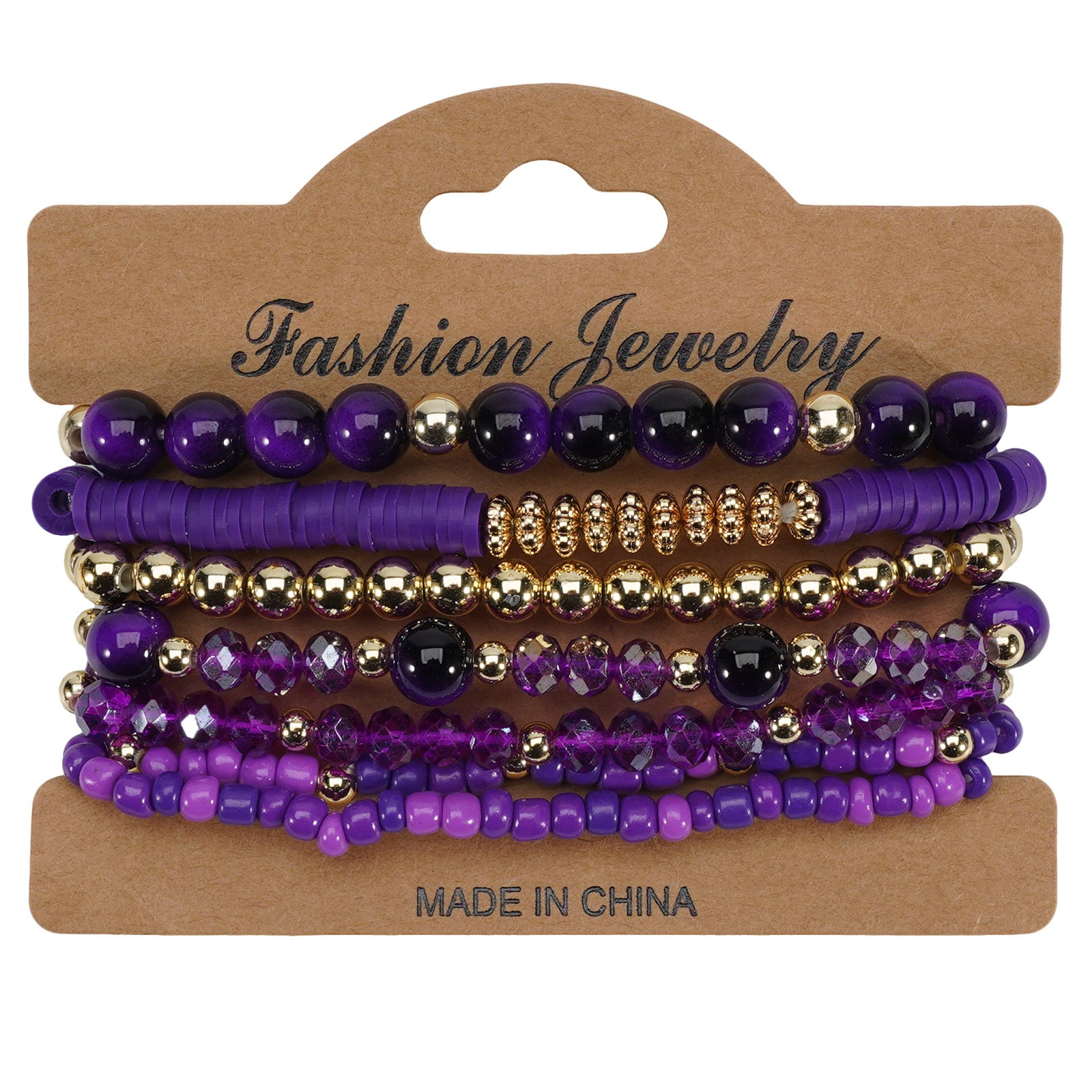 Bohemian layered bracelets featuring various purple and gold beads, including smooth, faceted, and disc shapes, presented on a brown display card.