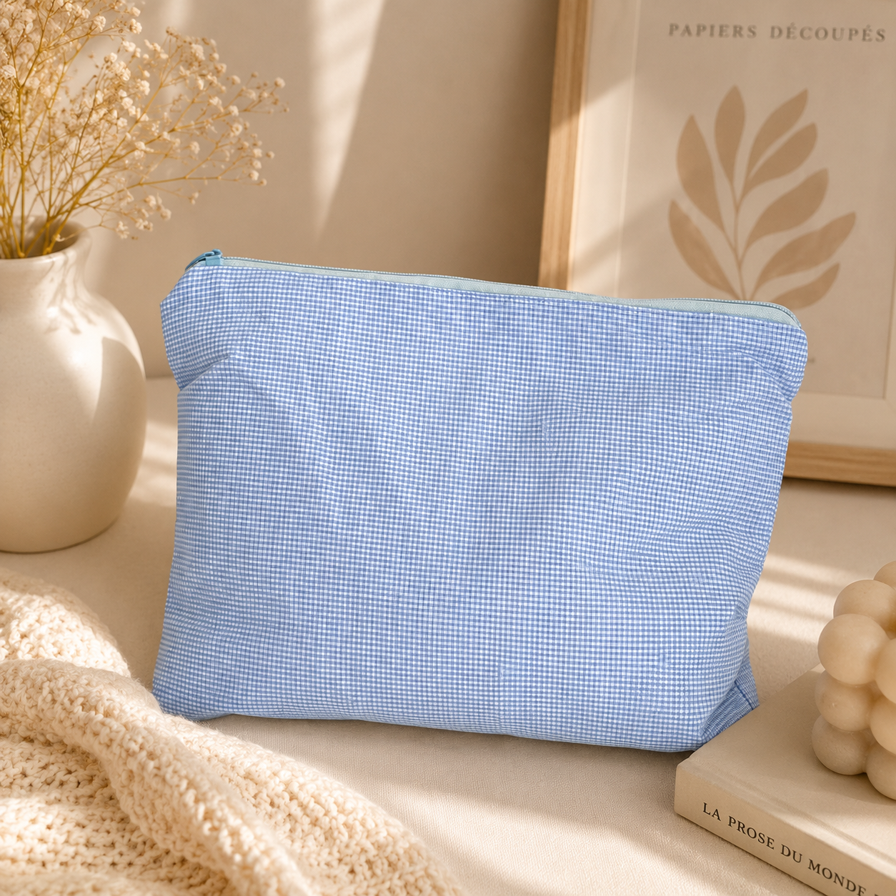 Gingham Zipper Makeup Organizer Bag