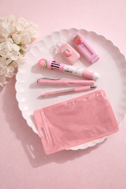 Pink sweet desk set featuring pens, correction tape, utility knife, and a pouch on a white scalloped plate.