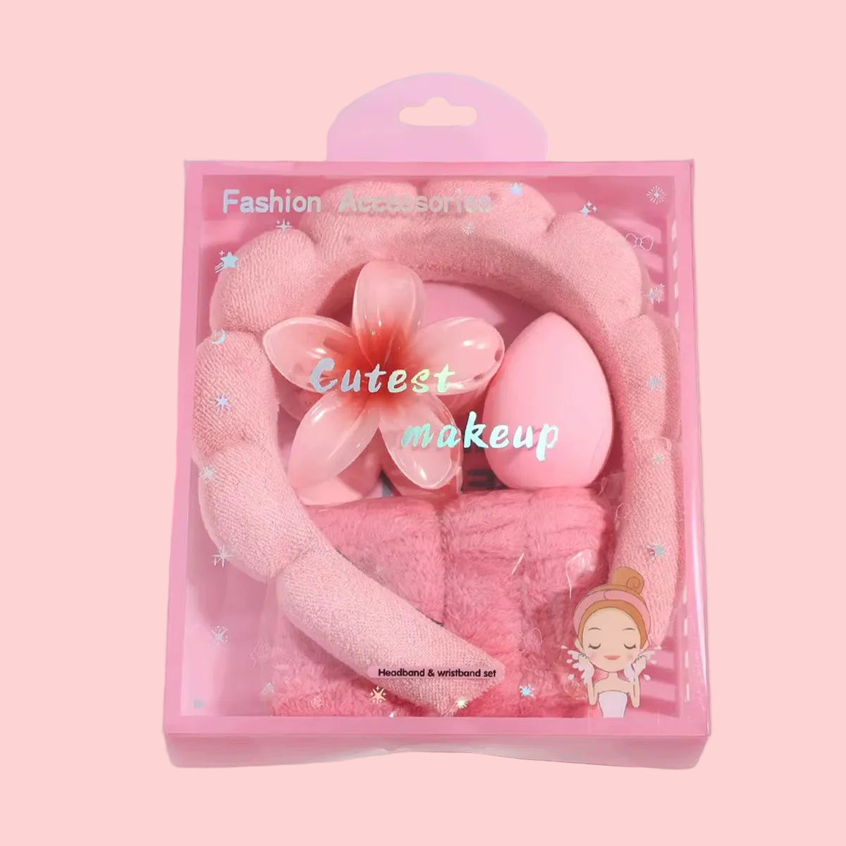 Packaged pink hair accessories with a flower design on a white background