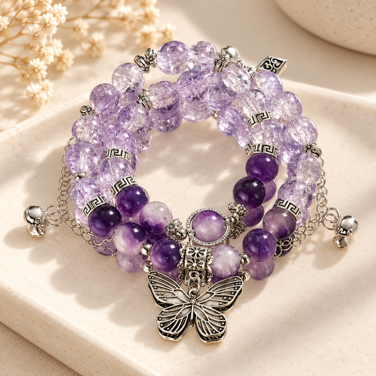 Purple Butterfly Layered Beaded Charm Bracelet 🦋💜