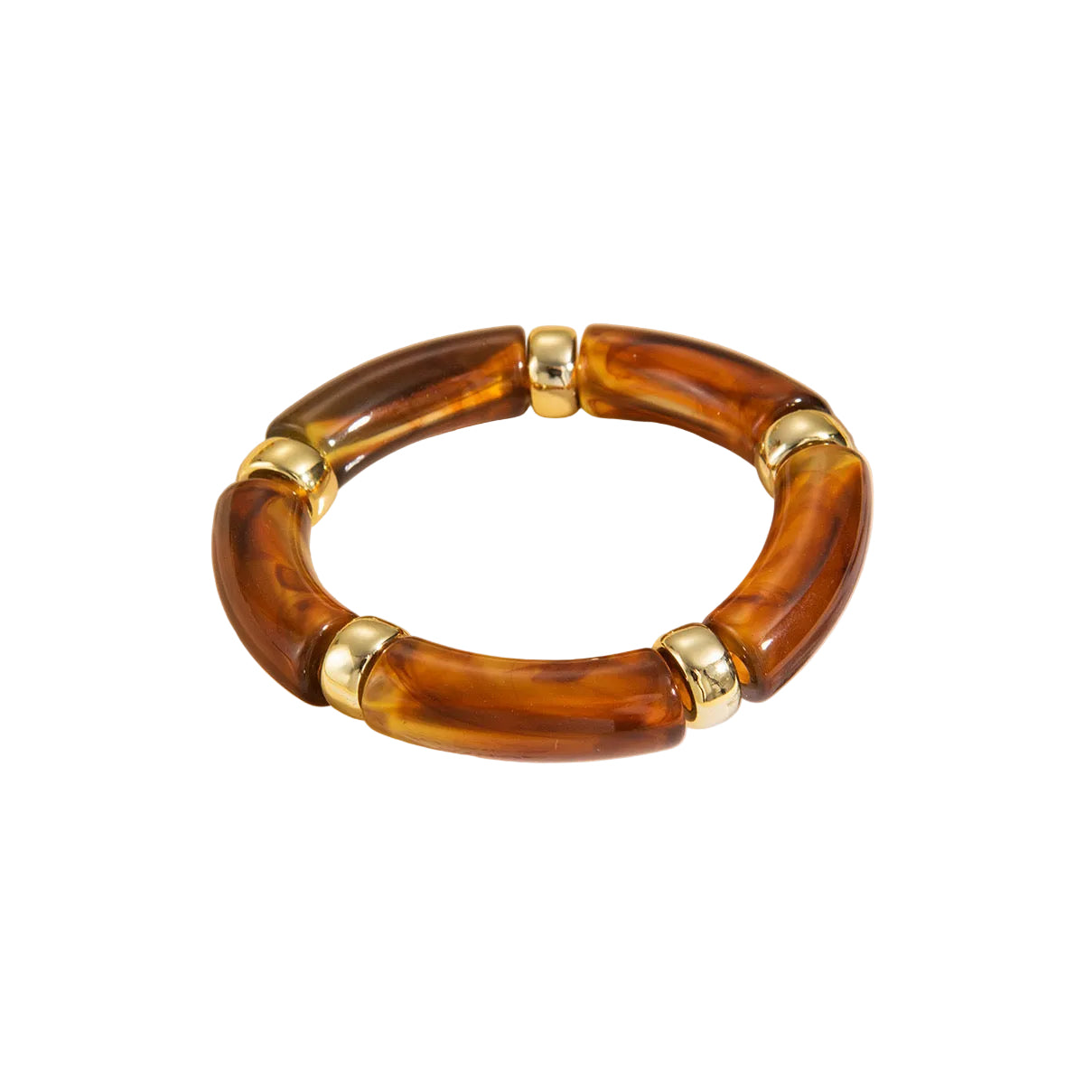 Amber and gold-toned segmented bracelet with chunky marbled translucent amber pieces and polished gold-toned spacers.