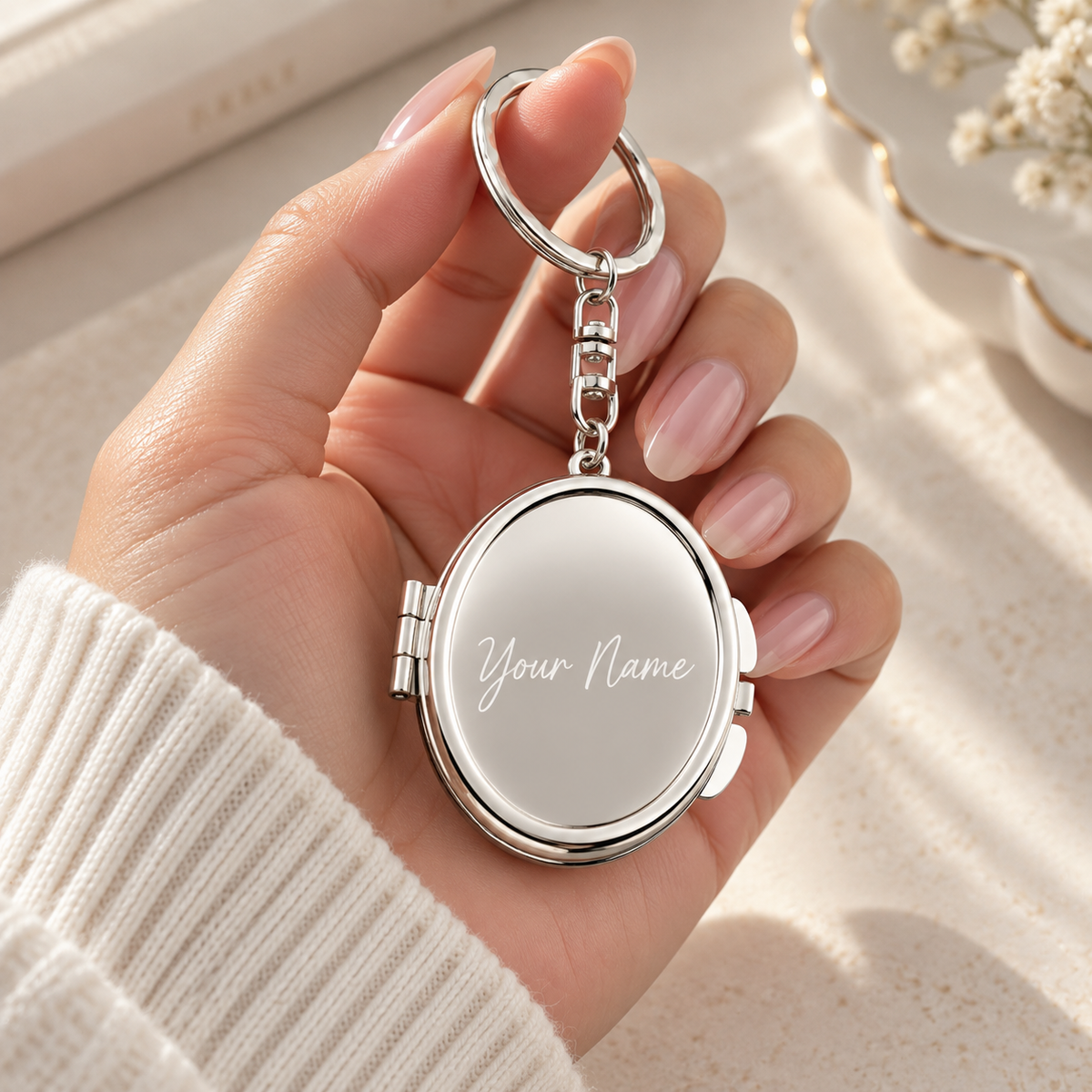 Personalized Oval Compact Mirror Keychain ( Available in silver or gold )