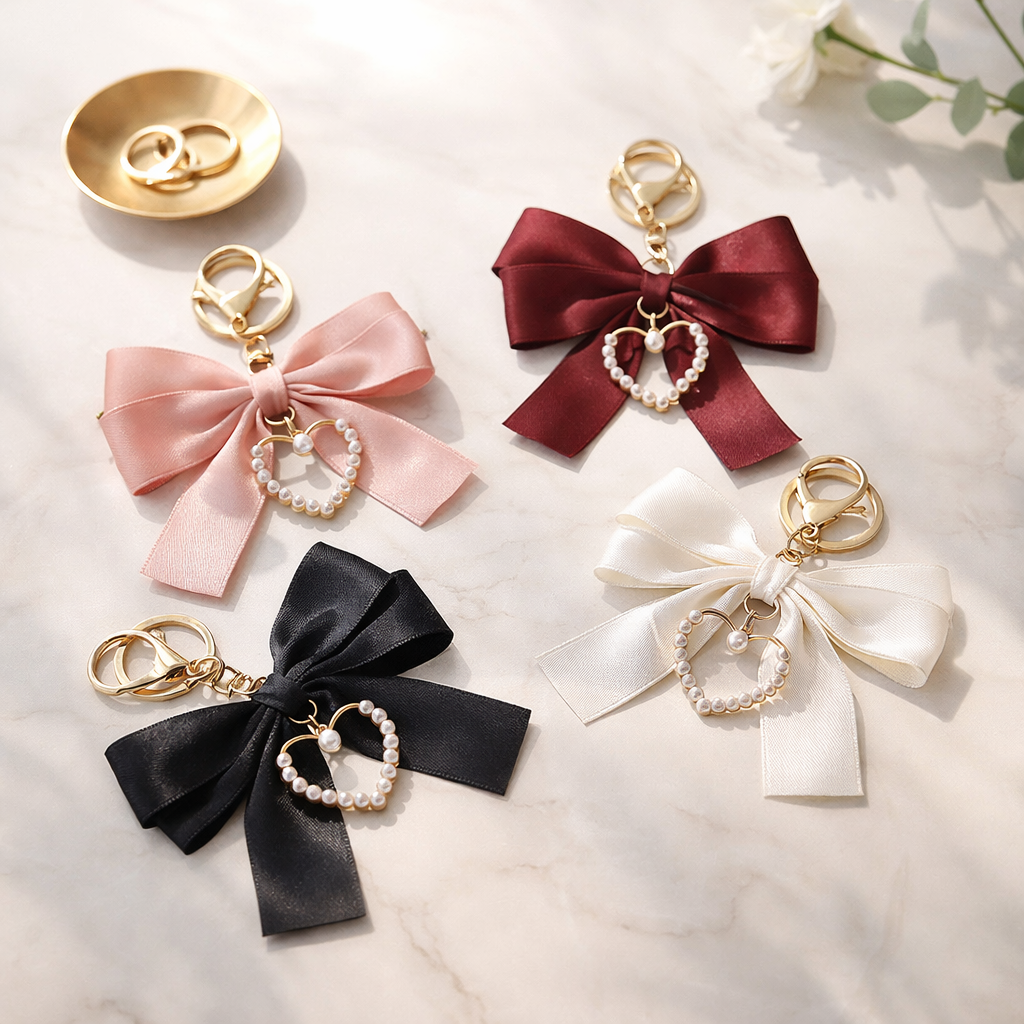 A Coquette Pearl Bag Charm featuring a satin bow and pearl heart pendant, shown in pink, burgundy, black, and cream variations.