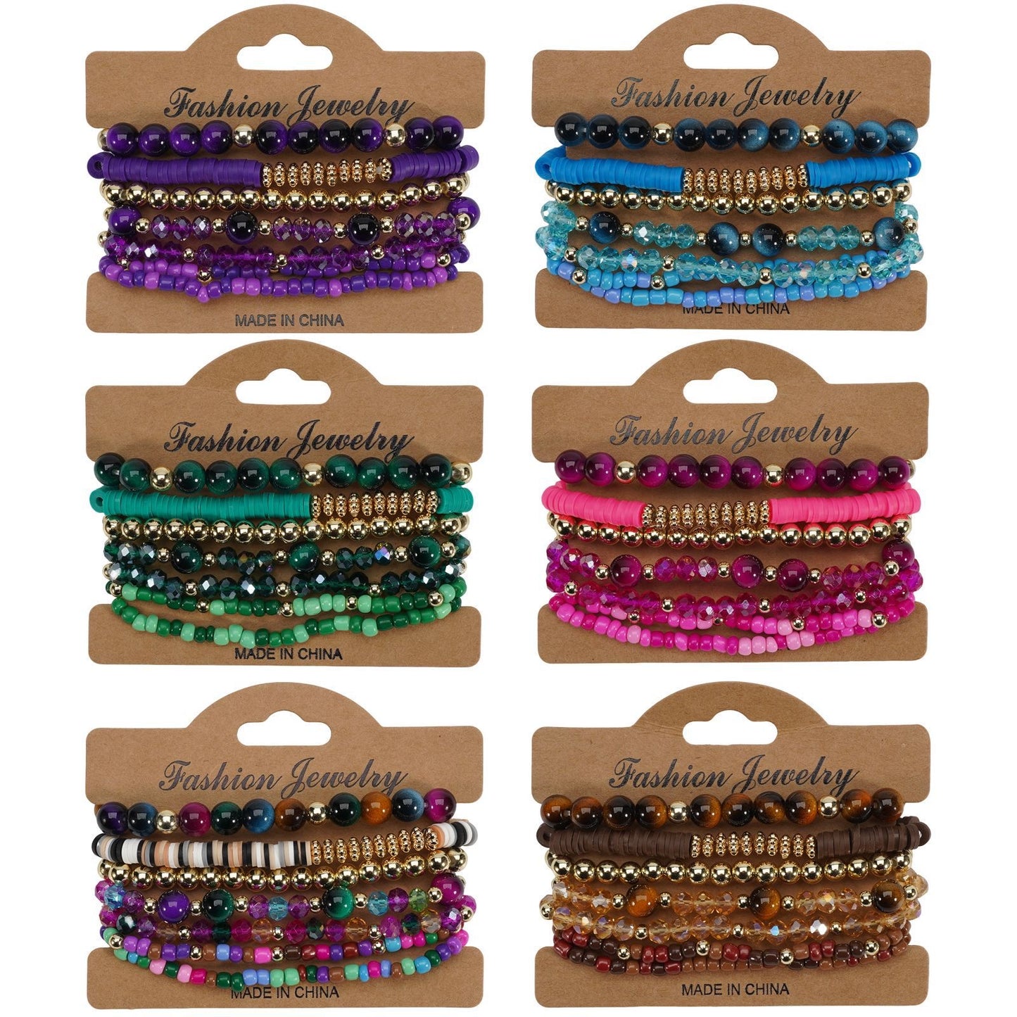 Six sets of bohemian layered bracelets in various colors, featuring mixed beads and gold-tone accents.