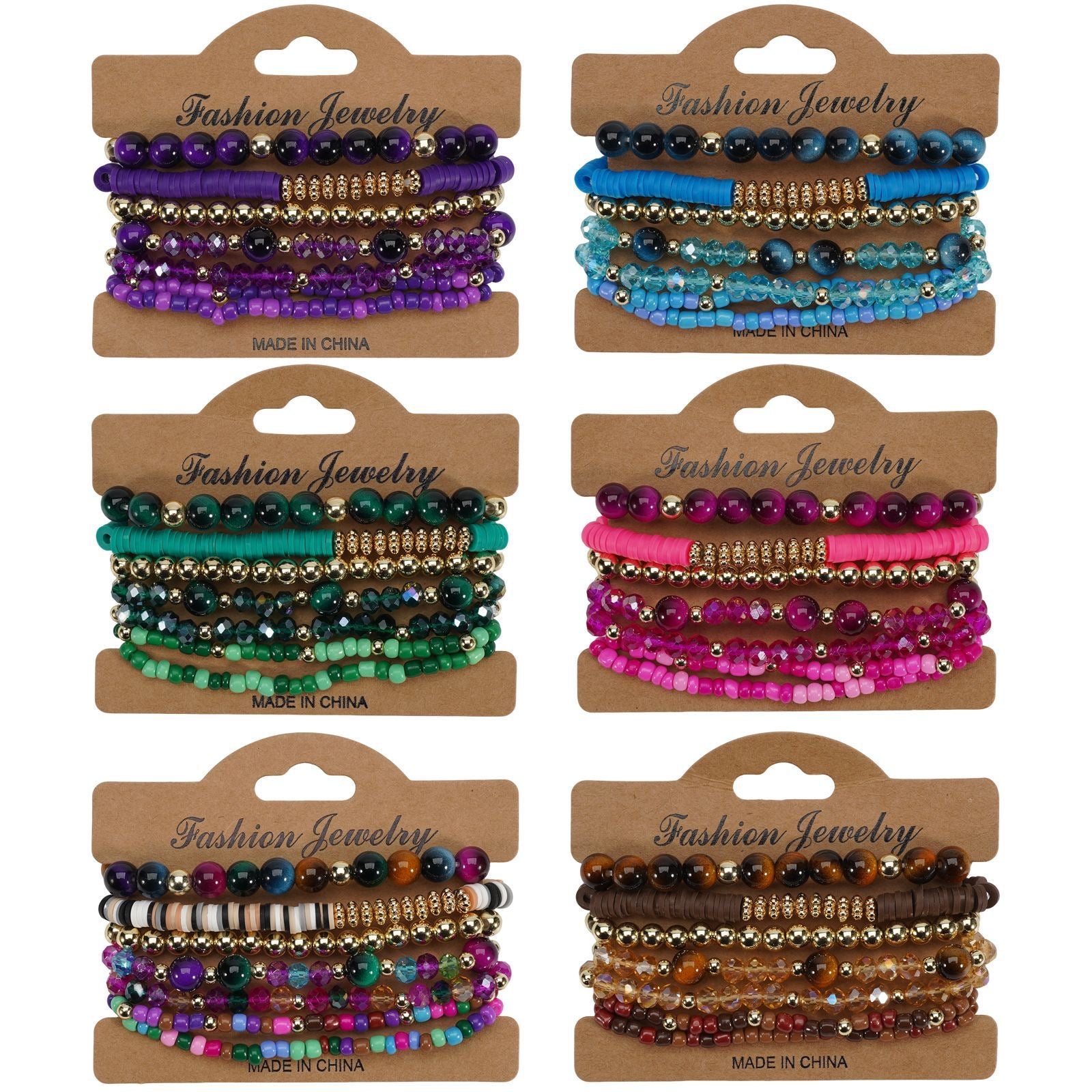 Six sets of bohemian layered bracelets in various colors, featuring mixed beads and gold-tone accents.