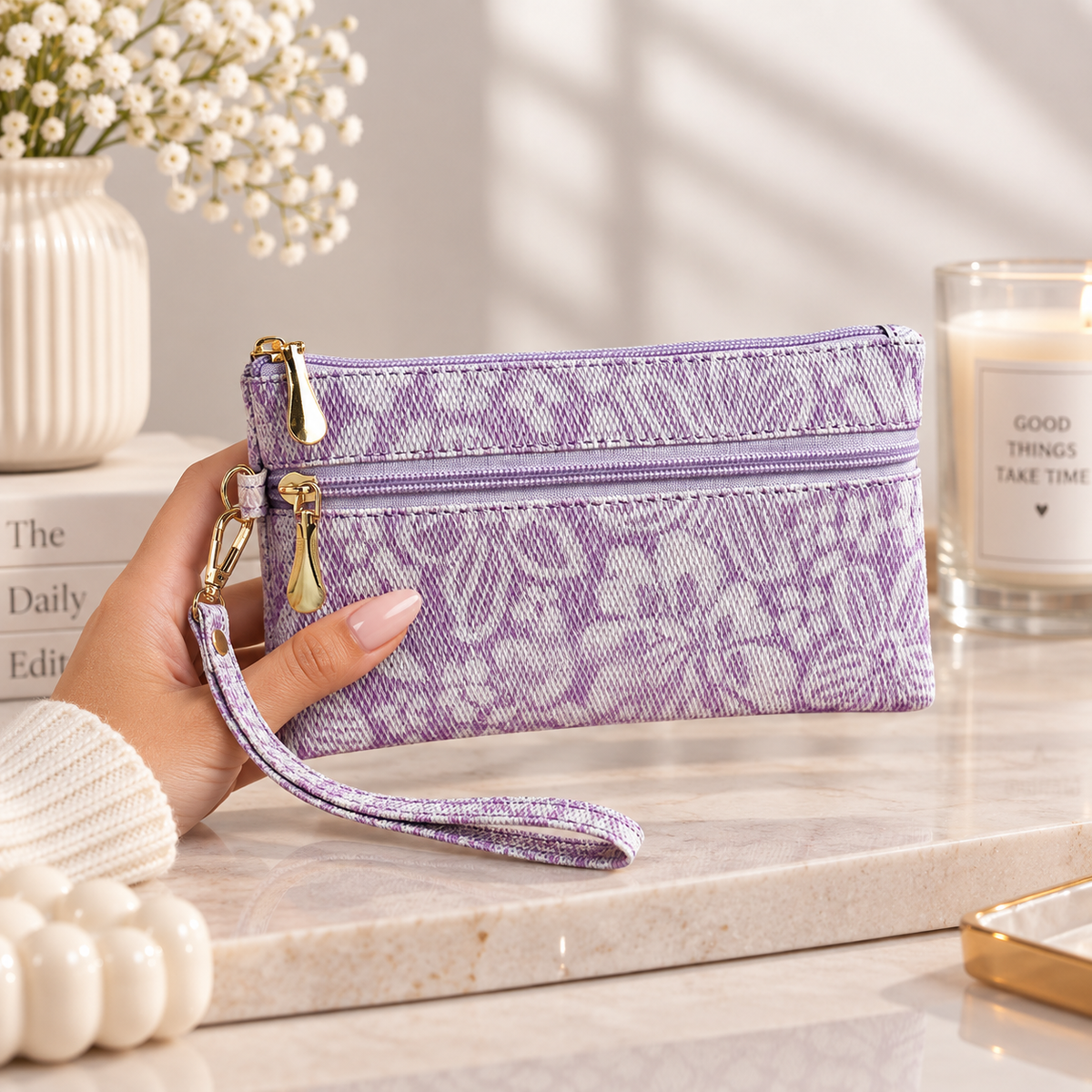 Floral Double Zipper Wristlet Wallet
