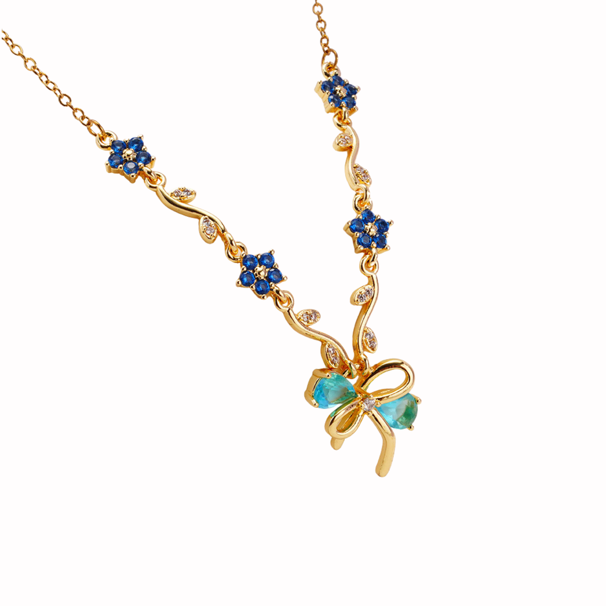 Crystal Bow & Floral Vine Pendant Necklace