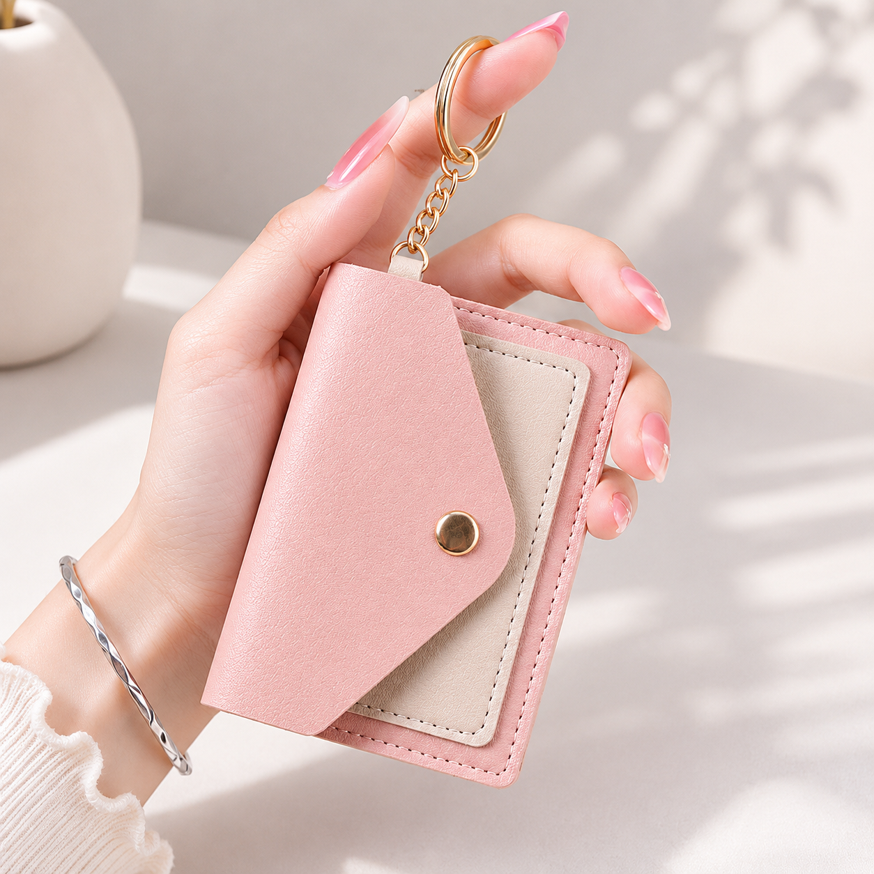 Pink leather snap card holder with gold-tone button and keychain, held in hand with manicured nails, soft lighting, close-up view