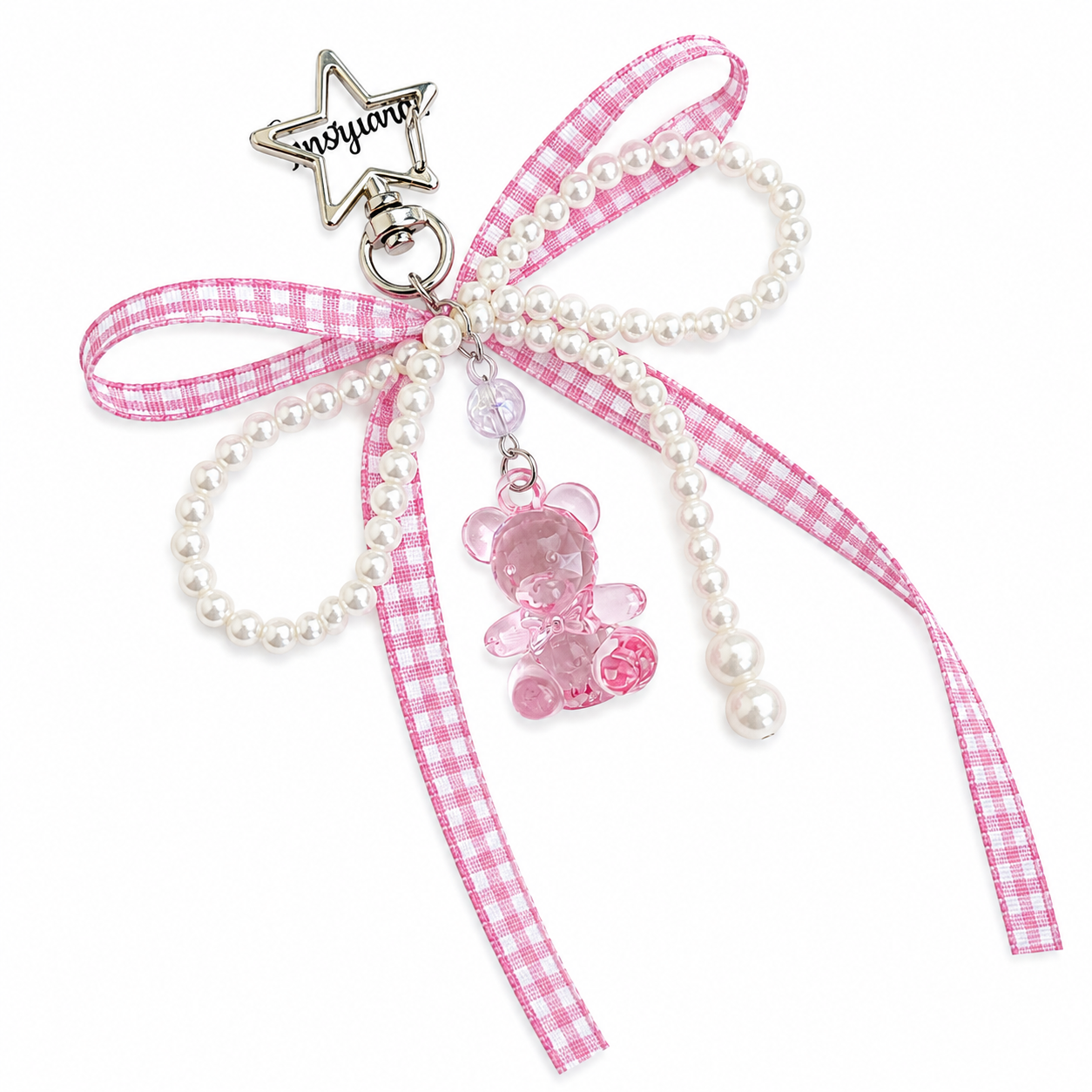 Gingham Bow Pearl Teddy Bear Bag Charm