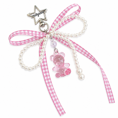 Gingham Bow Pearl Teddy Bear Bag Charm