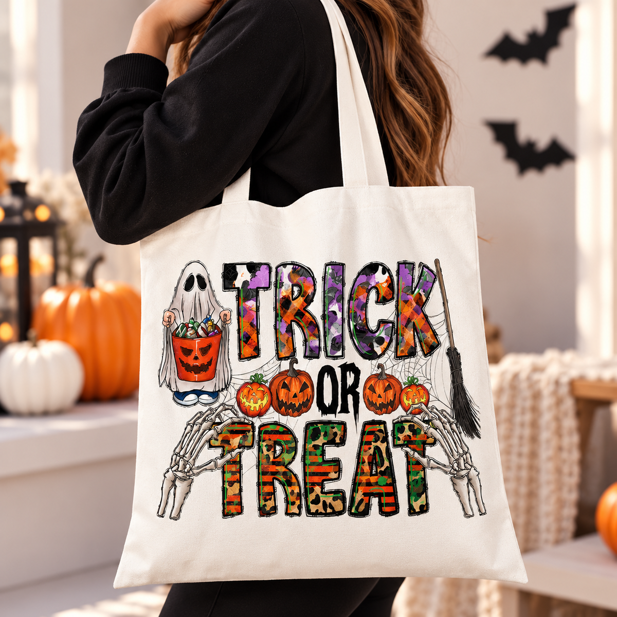 🎃 Halloween Trick or Treat Canvas Tote Bag – Spooky Ghost & Pumpkin Reusable Shoulder Bag