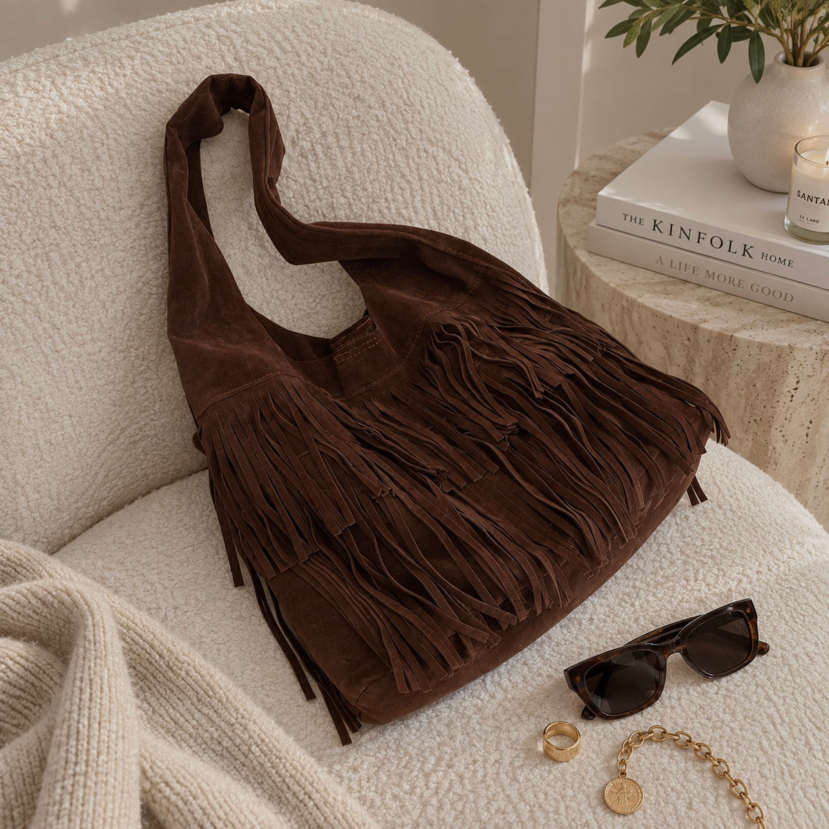 Boho Suede Fringe Shoulder Bag