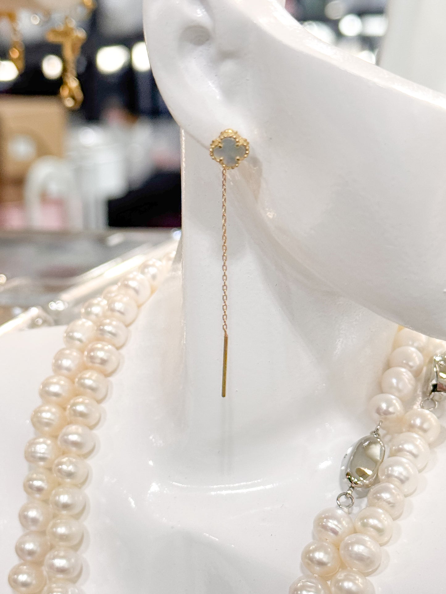 18K Genuine Gold Clover Threader Earrings ( Mother Of Pearl )