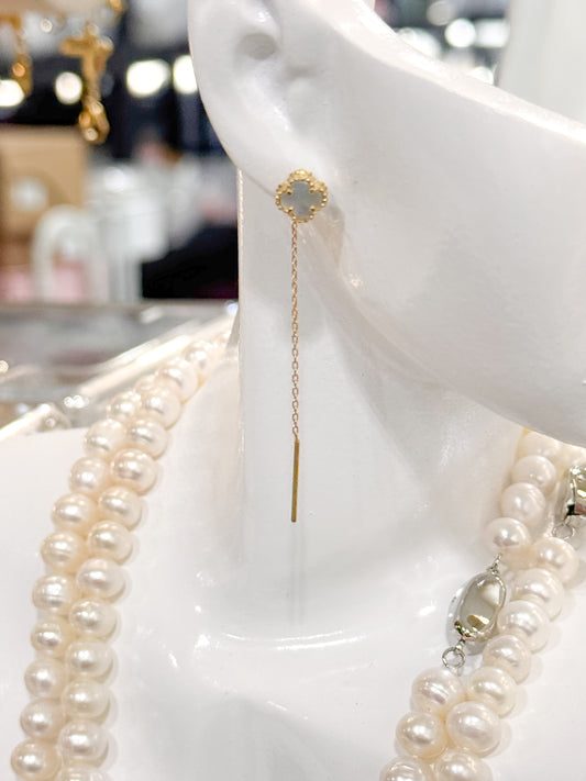 18K Genuine Gold Clover Threader Earrings ( Mother Of Pearl )