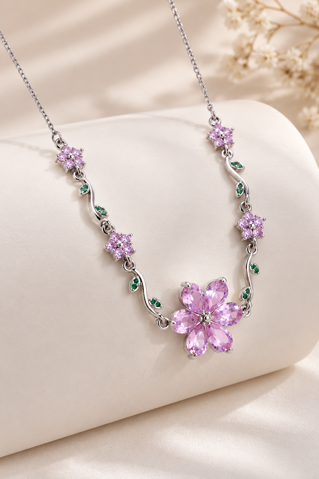 Pink Floral Vine Tarnish-Resistant Necklace