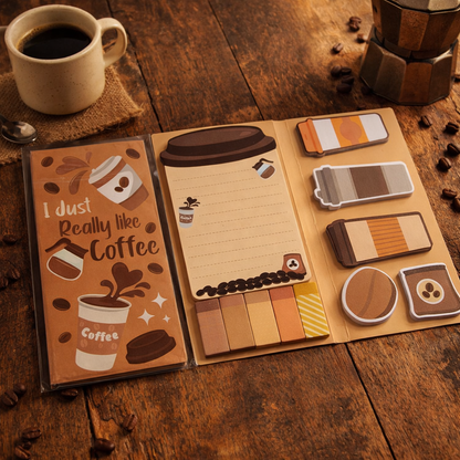 Foldable sticky notepads with a coffee theme, featuring brown, beige, and orange tones.