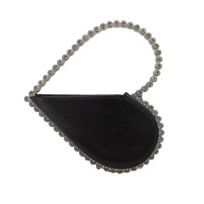 Black evening handbag featuring rhinestone trim and a crystal top handle.