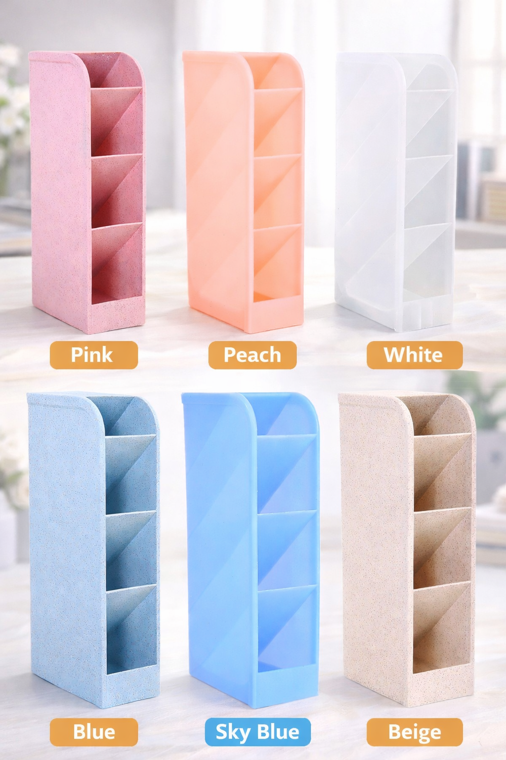 Six multi-color pen holders in pink, peach, white, blue, sky blue, and beige, each with four slanted compartments.