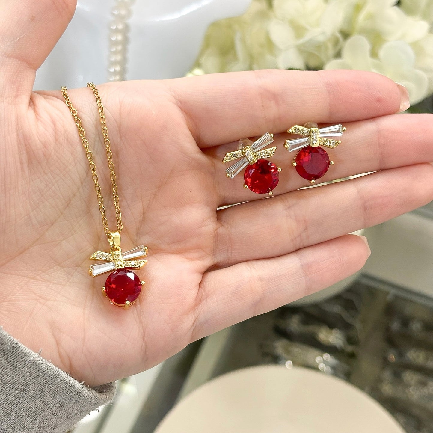 Red Bow Necklace & Earrings Set