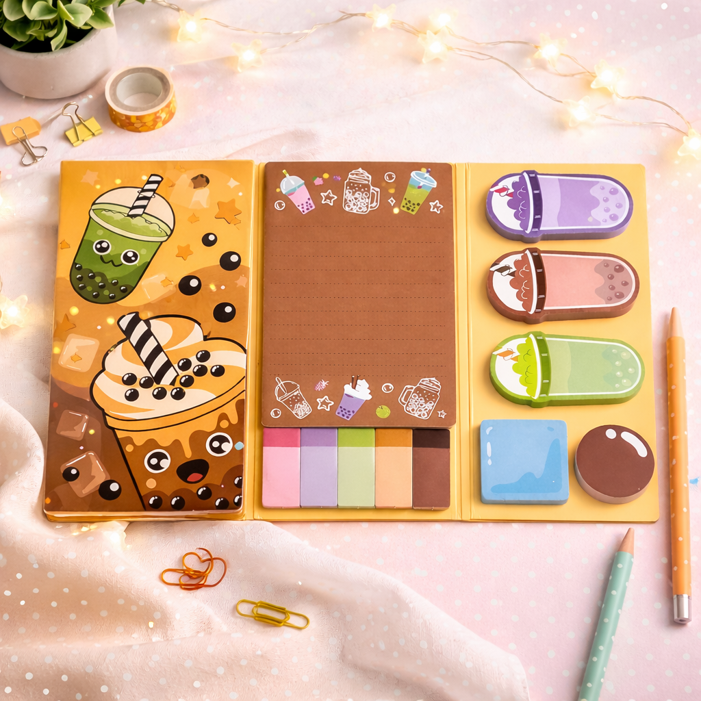 Open foldable sticky notepads with yellow boba tea design, revealing brown lined pages and assorted colorful sticky notes.