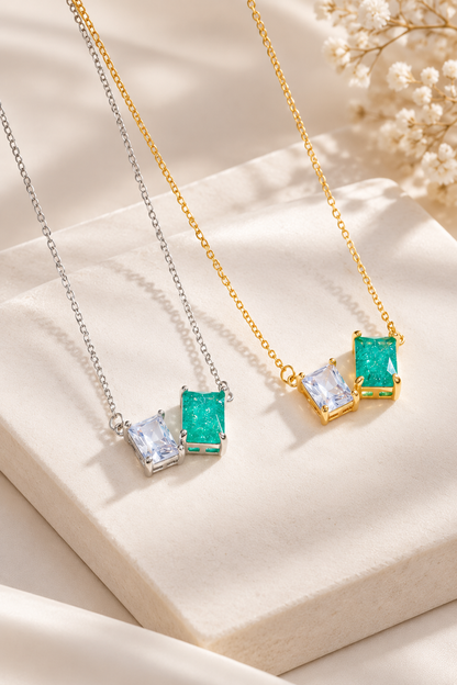 Emerald Cut Double Gem Tarnish-Resistant Necklace
