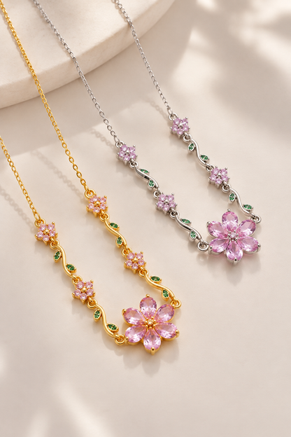 Pink Floral Vine Tarnish-Resistant Necklace