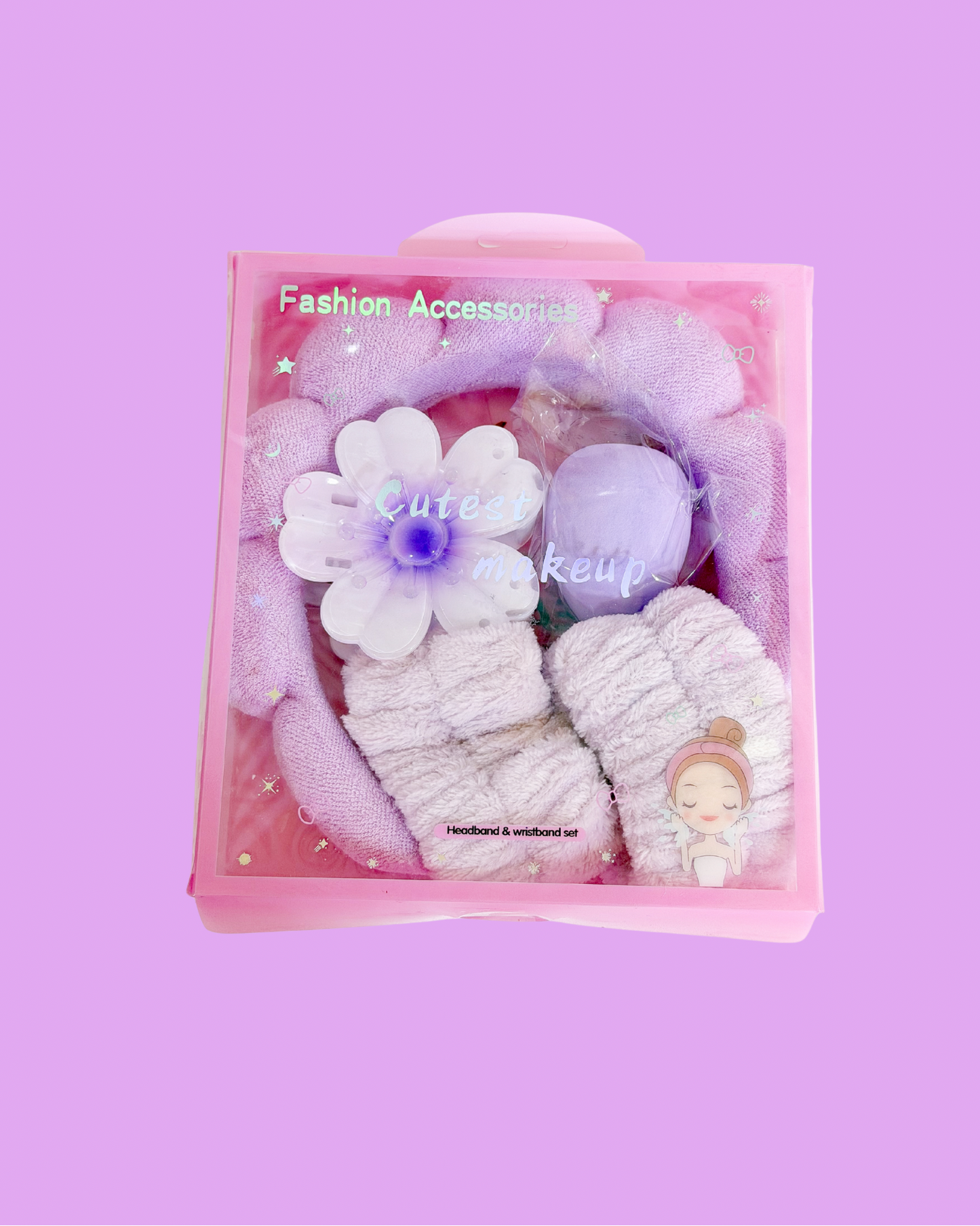 Light purple Sweetheart Spa Set with fluffy headband, wristbands, white flower, and beauty blender, packaged in a clear-lidded pink box.