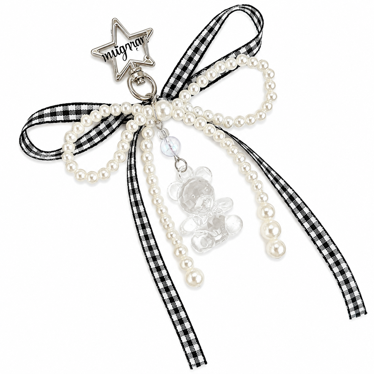 Gingham Bow Pearl Teddy Bear Bag Charm