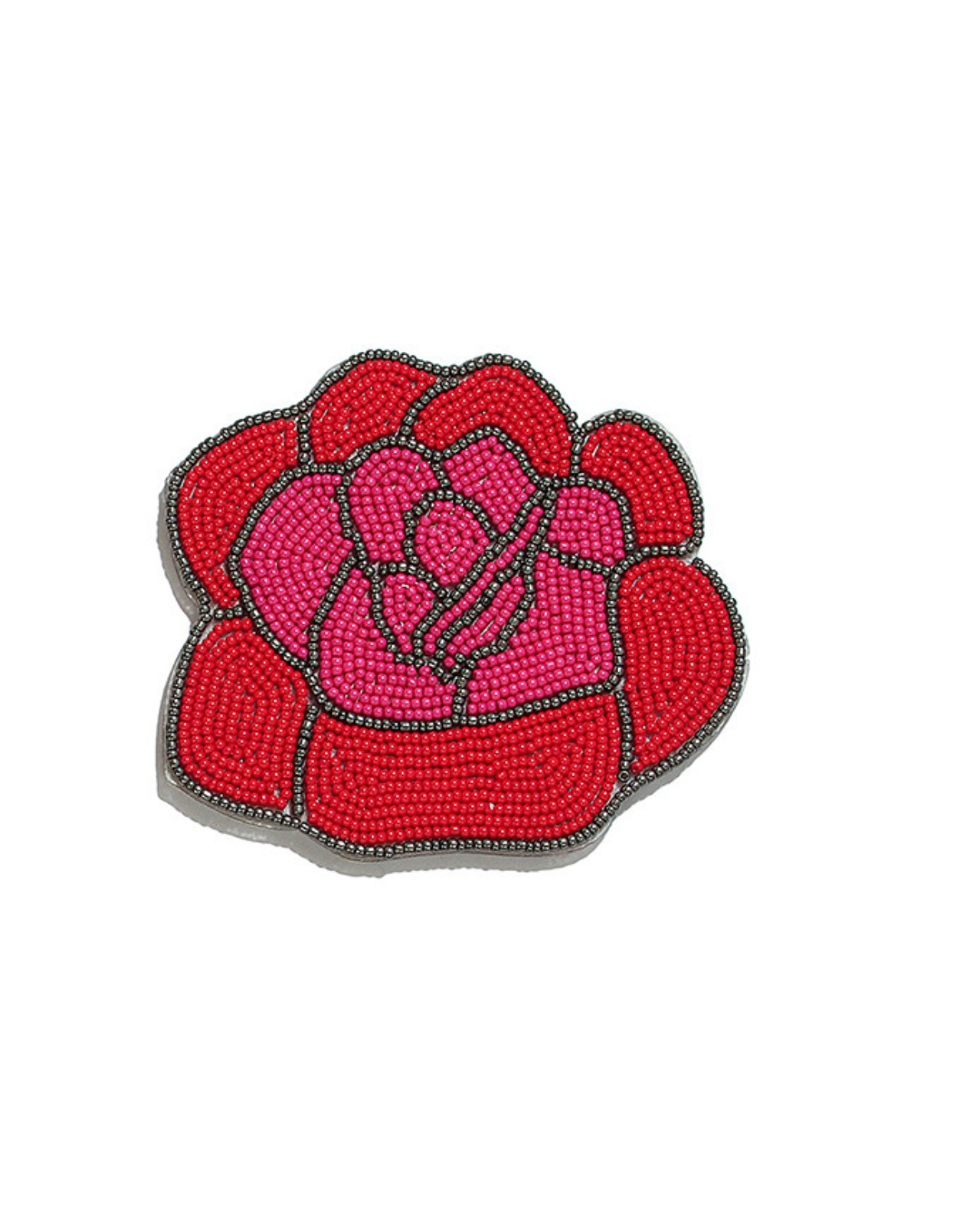 Red and hot pink rose beaded coaster with dark grey outlines.