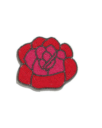 Red and hot pink rose beaded coaster with dark grey outlines.
