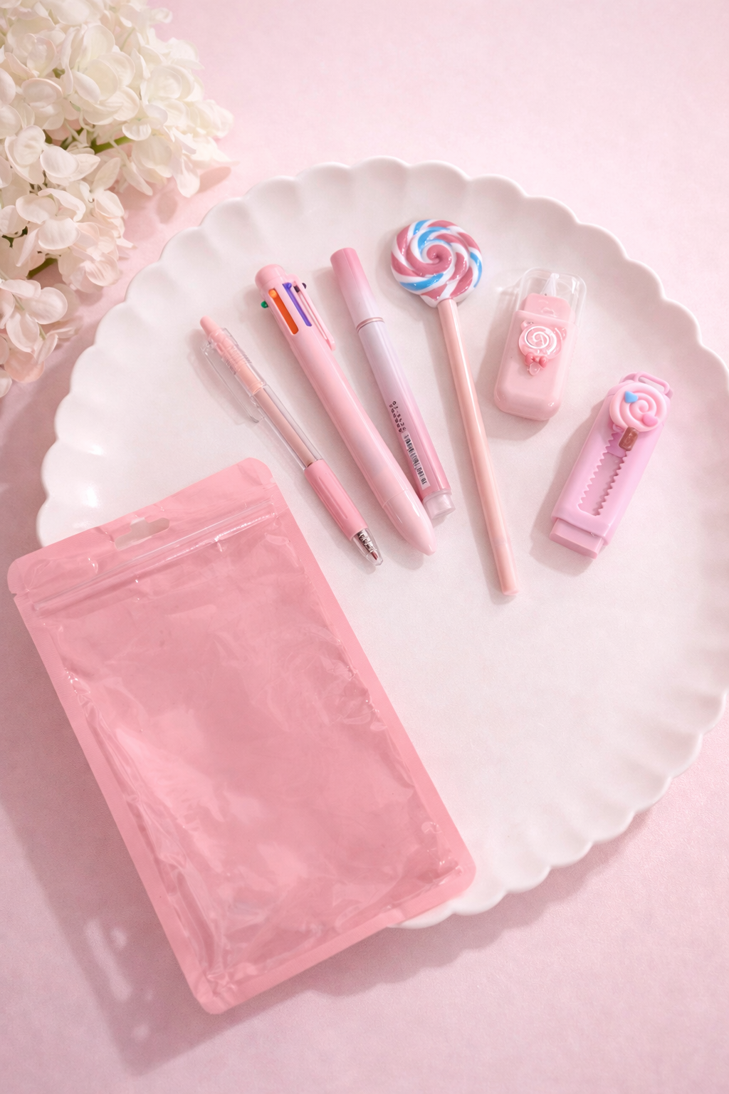 Pink desk set with various pens, a lollipop-decorated highlighter and utility knife, flat lay on a white scalloped plate next to a matching pink pouch.