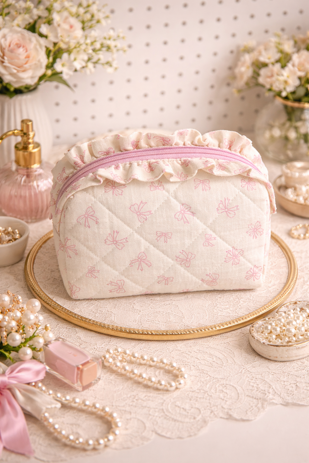 Quilted darling pouch with pink zipper, by Little Bow, on gold tray with pearls and flowers.