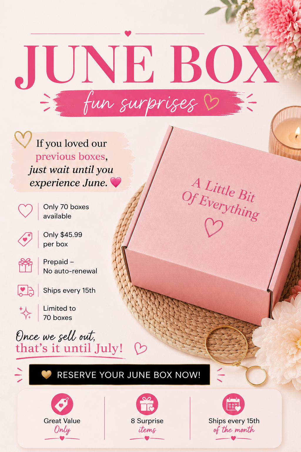 Pink June prepaid subscription box with 'A Little Bit Of Everything' on its lid, resting on a woven mat alongside flowers, a candle, and gold keychain.