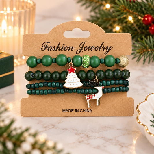 Christmas Tree & Reindeer Beaded Bracelet Set