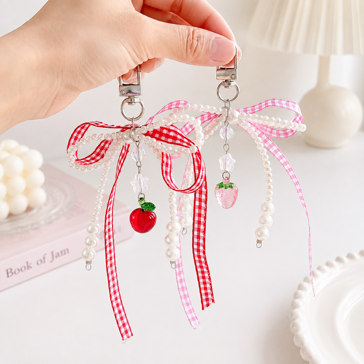 Gingham Bow Pearl Fruit Bag Charm