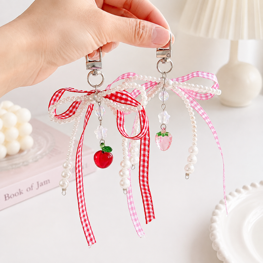 Gingham Bow Pearl Fruit Bag Charm