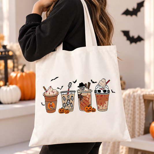 🎃 Halloween Horror Coffee Tote Bag – Spooky Iced Coffee Print Canvas Shoulder Bag