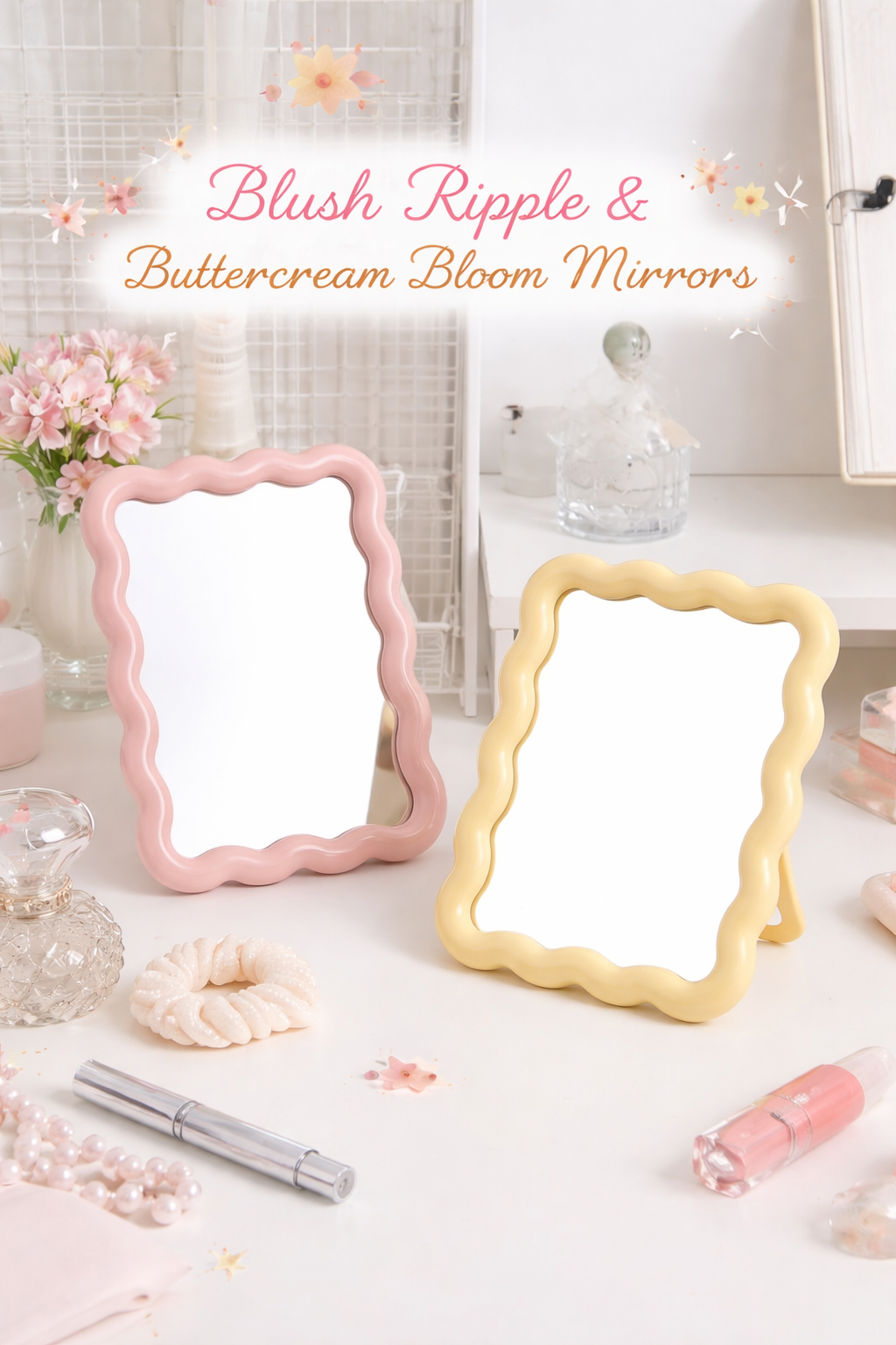 Two ripple mirrors, one blush pink and one buttercream yellow, with wavy frames on a white vanity table.