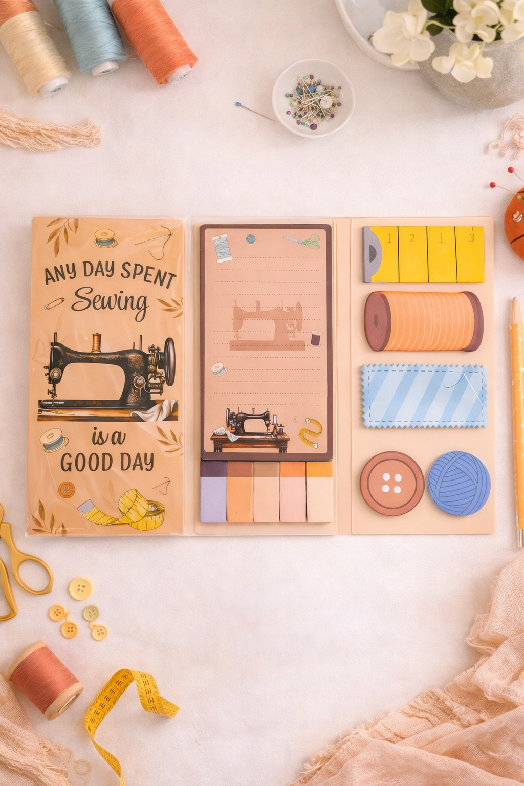 Open sewing-themed foldable sticky notepads with vintage sewing machine cover, shaped sticky notes like measuring tape, thread, button, and yarn.