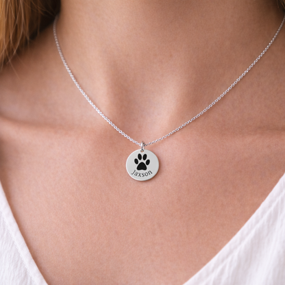 Sterling silver pet memorial pendant by [Vendor name if known], featuring a paw print and custom name on a chain.
