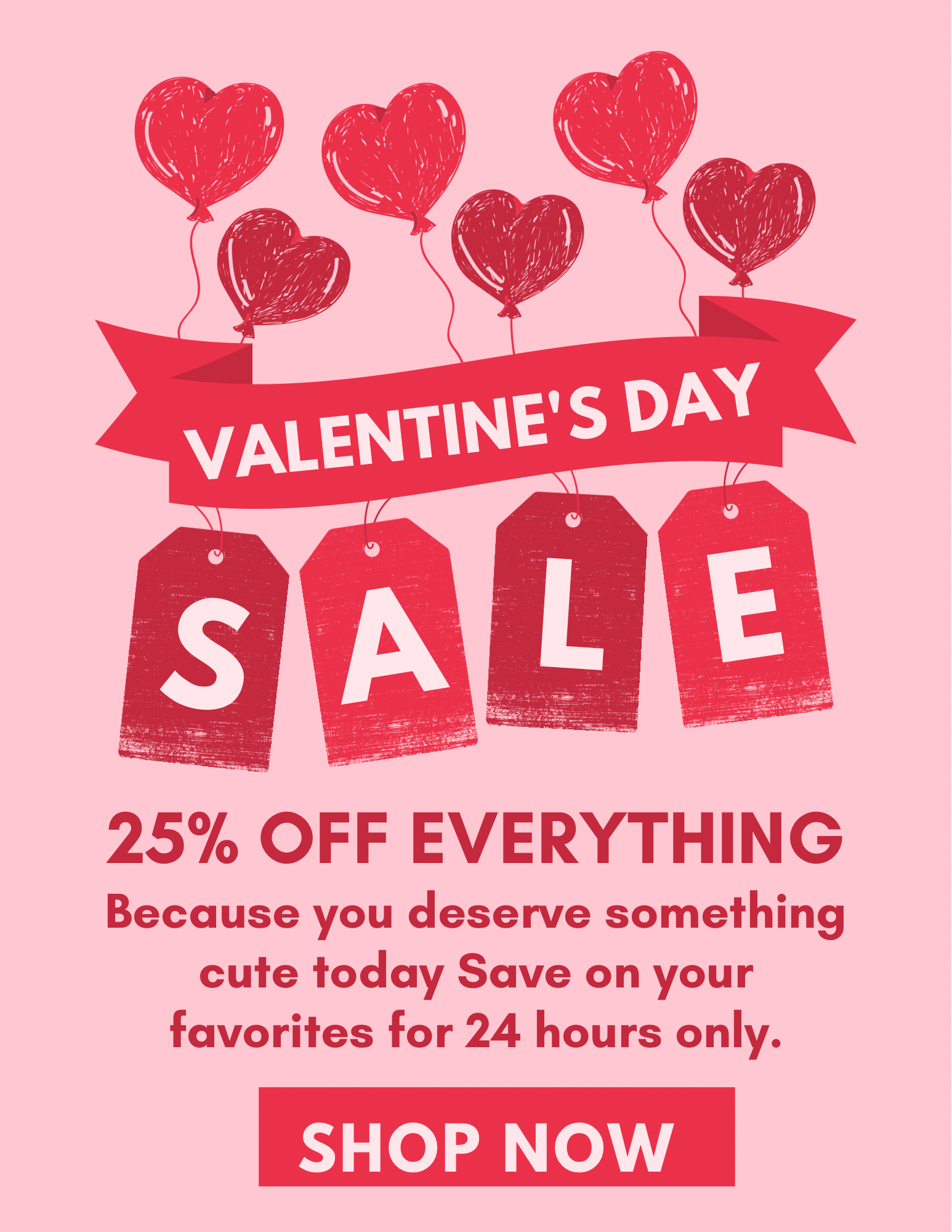 Valentine's Day sale advertisement with heart balloons and tags on a pink background